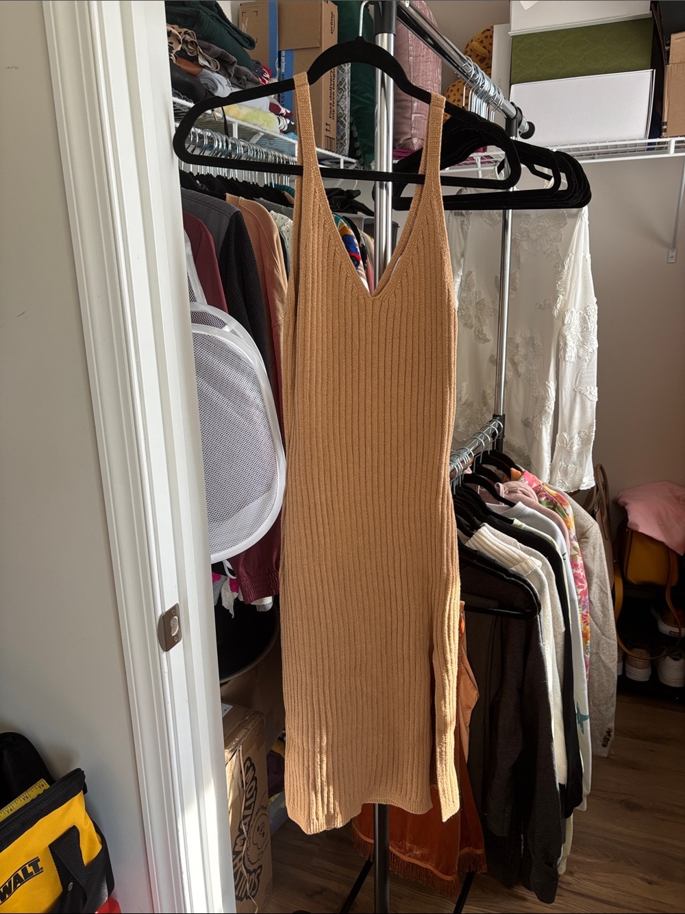 Hollister Camel Ribbed V-Neck Midi Dress